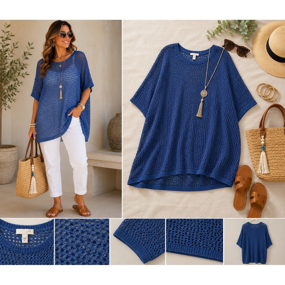 J.Jill Blue Open Knit Linen Cotton Mesh Short Sleeve Sweater Poncho XL SSW120331